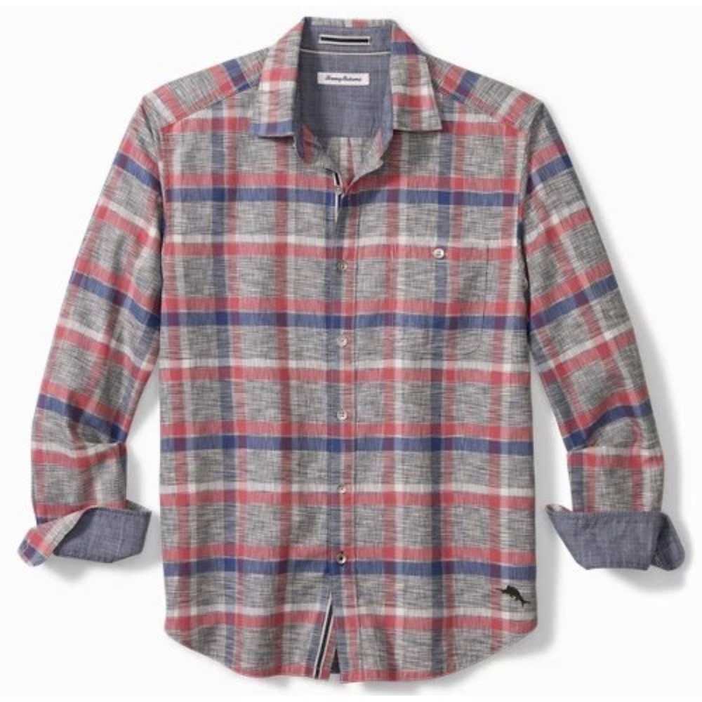 Tommy Bahama Mens Canyon Beach Plaid Flannel Shirt Gray Red Blue Cotton Fall XXL